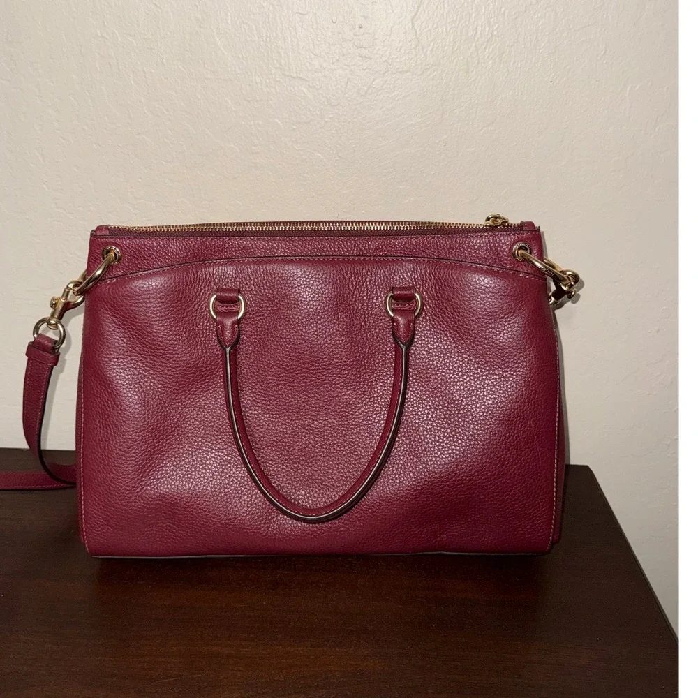 Coach Pebble Leather Satchel Burgundy‎ Gold Hardware Top Handle Crossbody Bag
